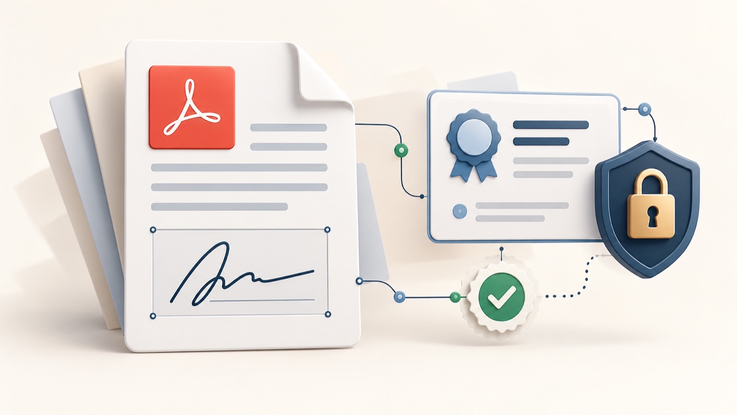 A signed PDF connected to a digital certificate, shield, and verification mark
