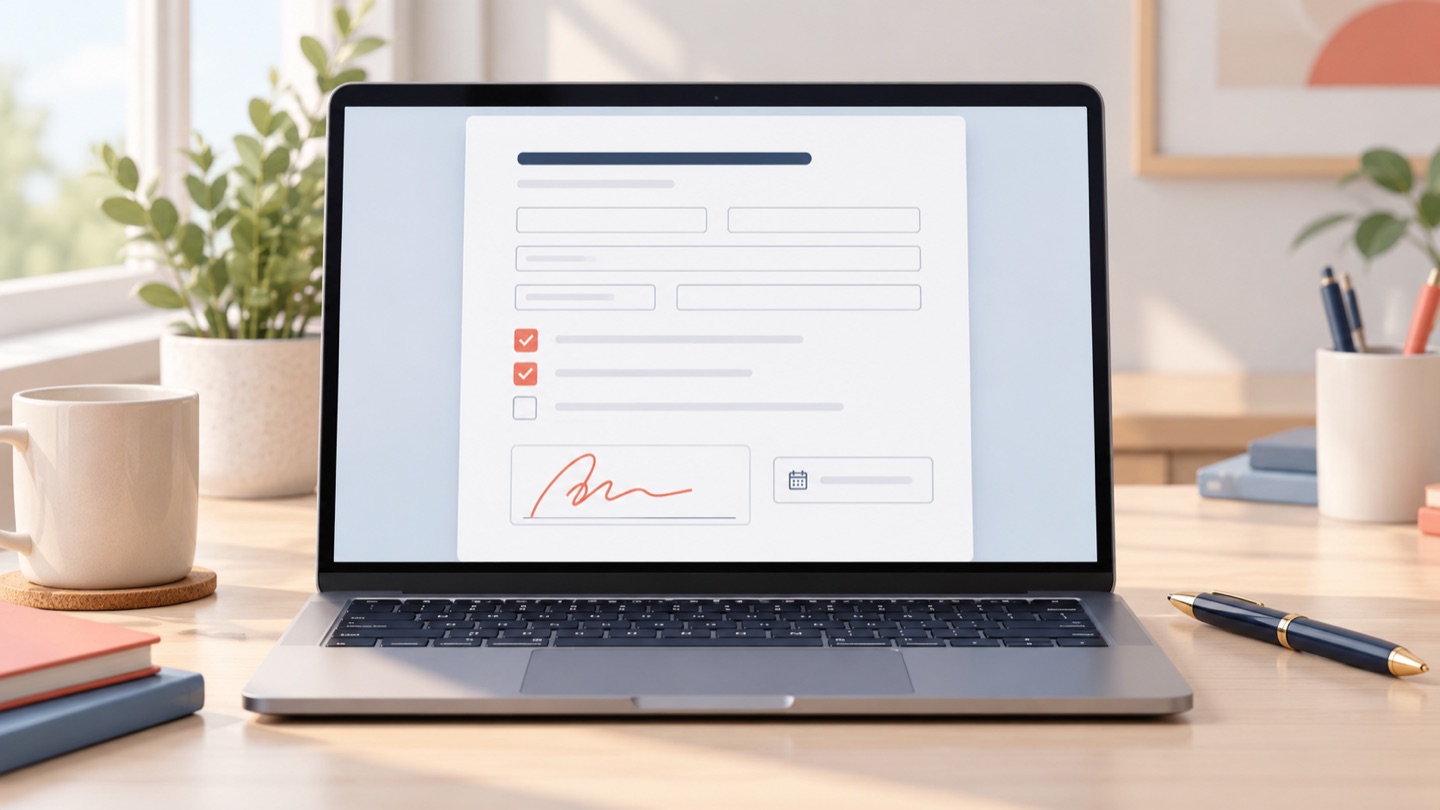A PDF form with checkboxes and a signature displayed on a laptop