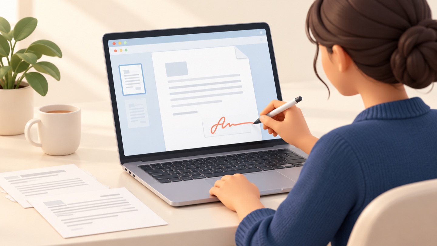 ノートパソコン上のPDFに手書きの署名を加える人