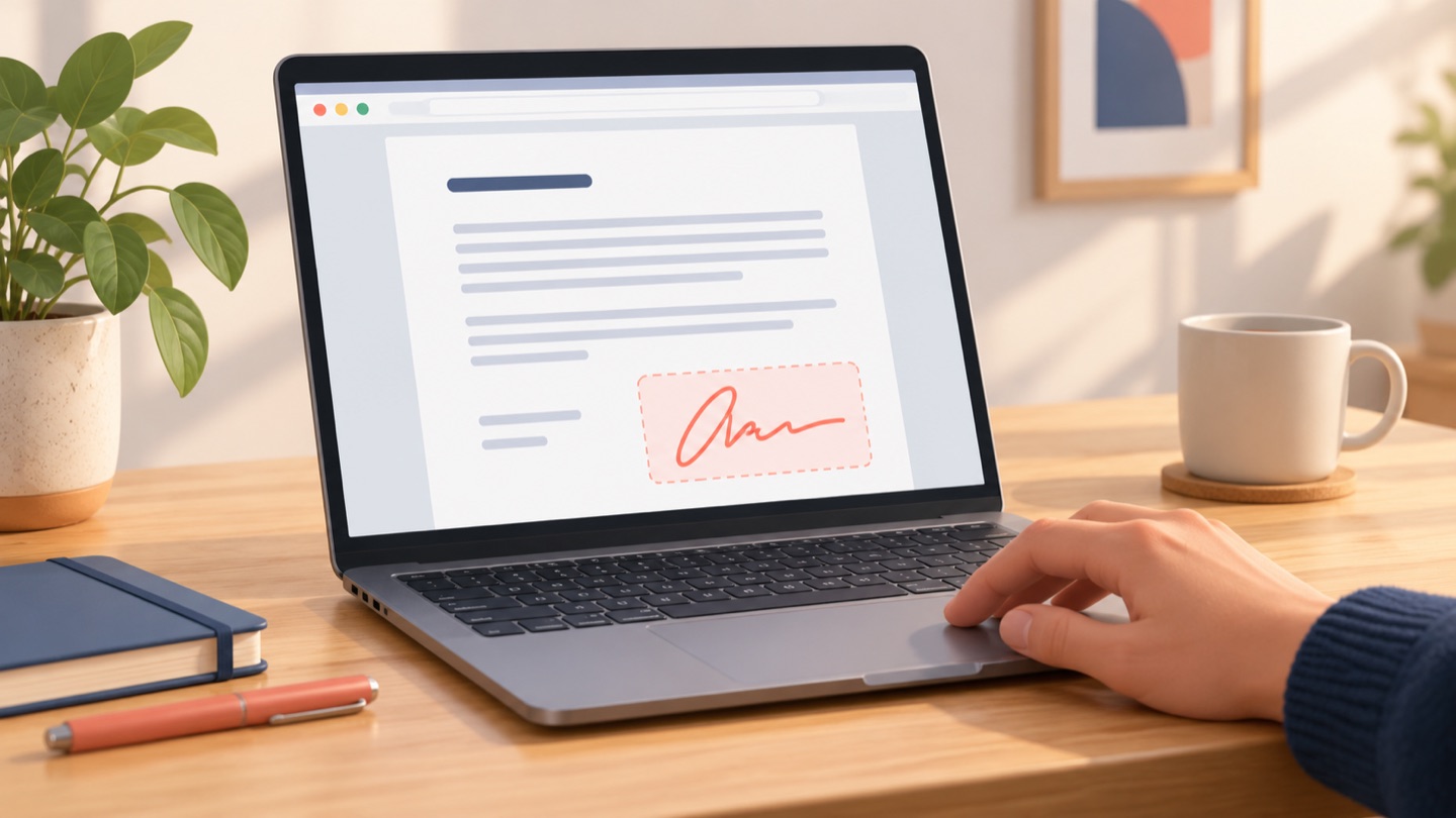 PDF open in a browser window on a laptop, with the signature area highlighted