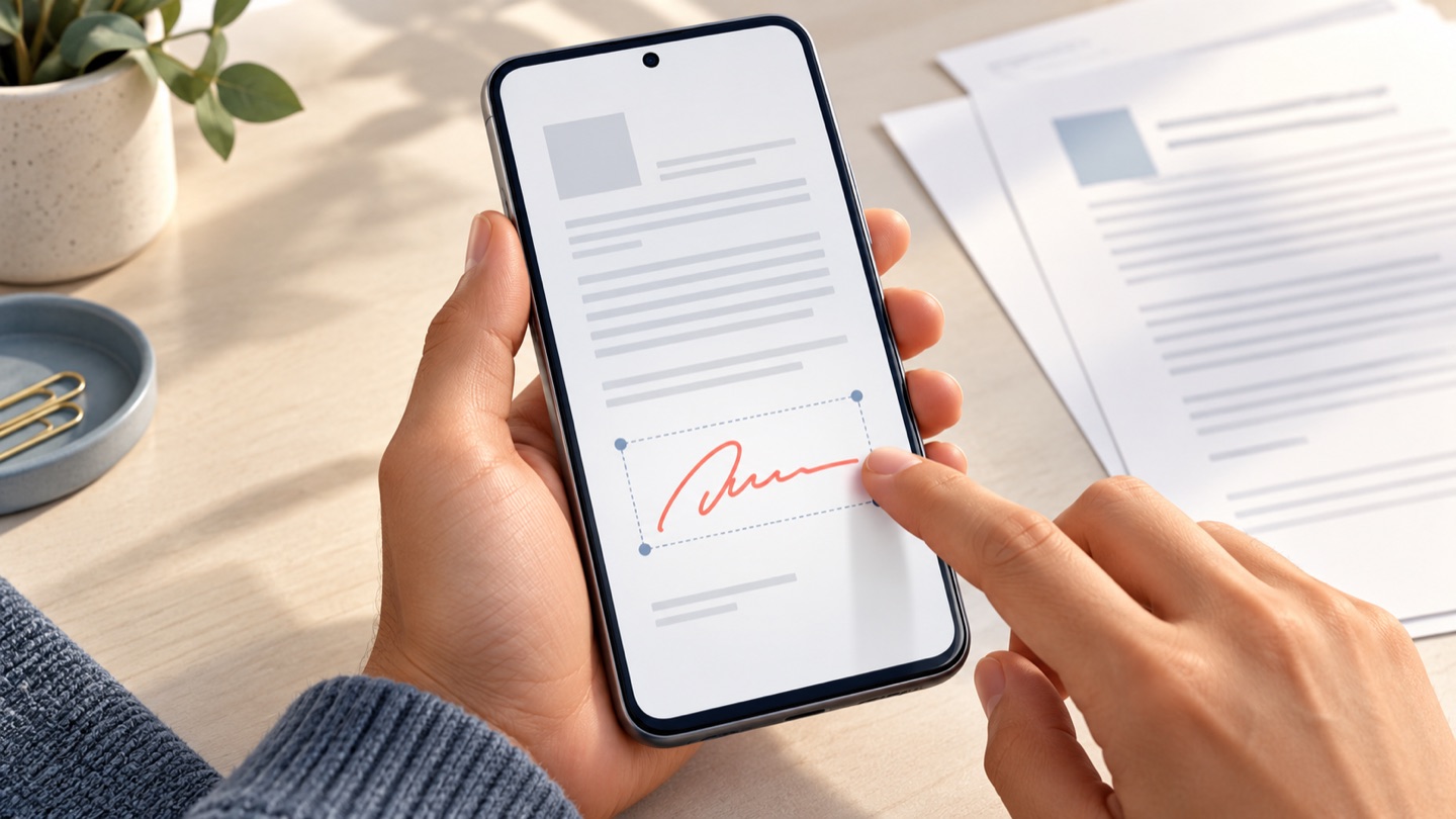 スマートフォンに表示されたPDFに署名を配置する人