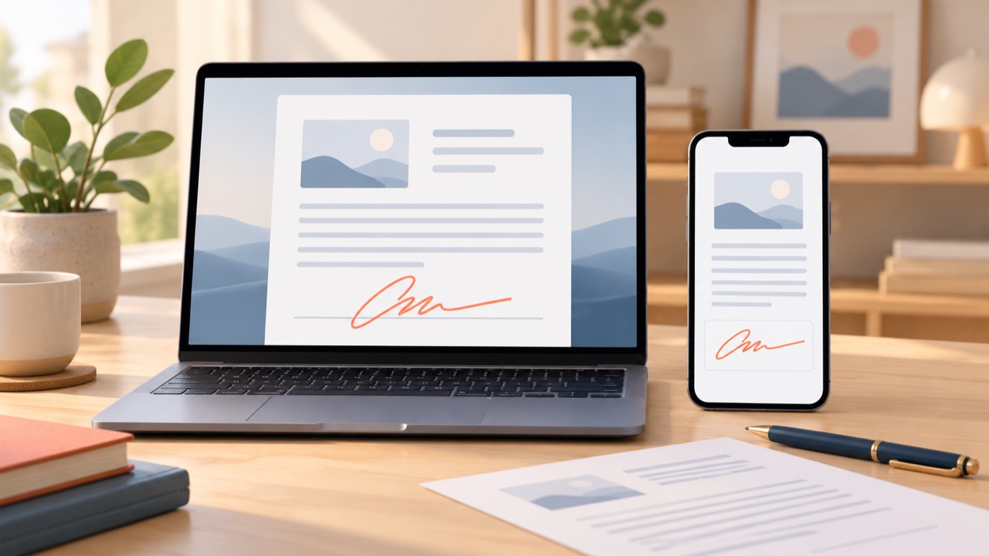 A PDF signature shown on a laptop and a smartphone