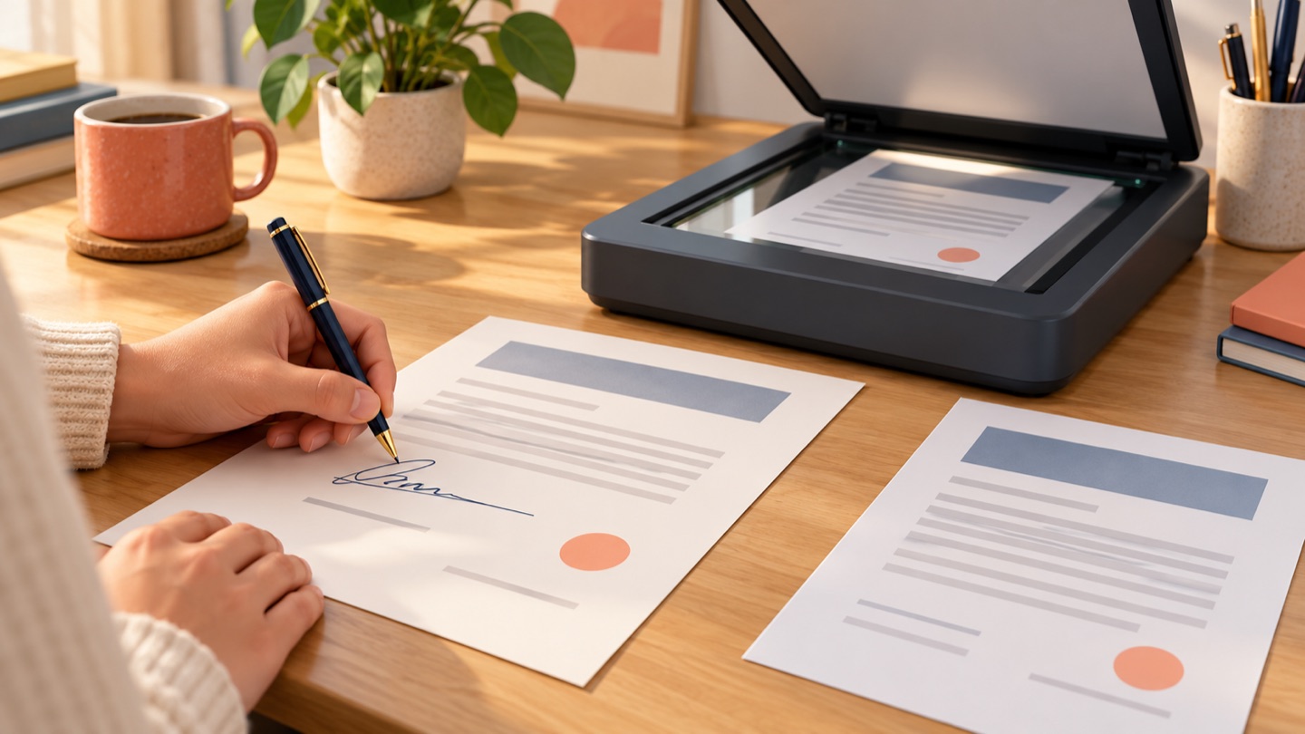 A person signing a paper document beside a flatbed scanner